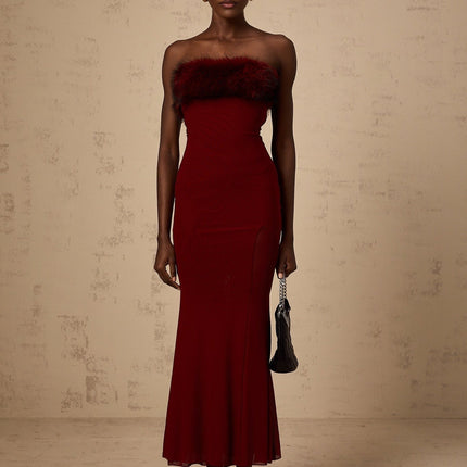 Dahlia Red Mesh Off-Shoulder Ankle-Length Semi-Sheer Faux-Fur Layered Fitted Midi Dress
