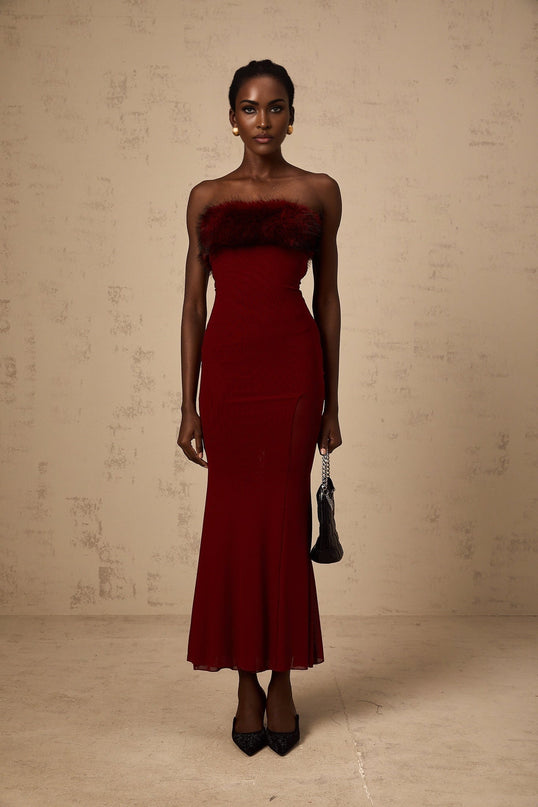 Dahlia Red Mesh Off-Shoulder Ankle-Length Semi-Sheer Faux-Fur Layered Fitted Midi Dress