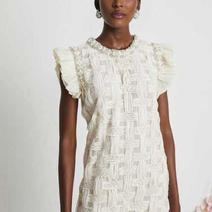 Dahlia White Interwoven Mini Dress with Crystal and Faux-Pearl Embellishments