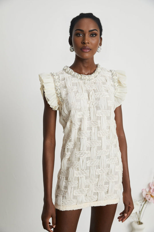 Dahlia White Interwoven Mini Dress with Crystal and Faux-Pearl Embellishments