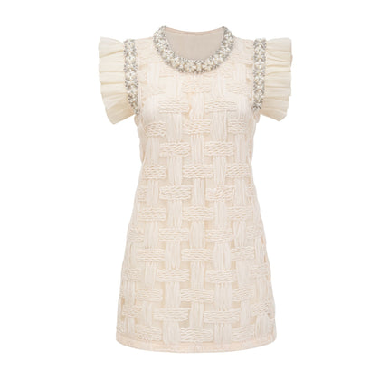 Dahlia White Interwoven Mini Dress with Crystal and Faux-Pearl Embellishments