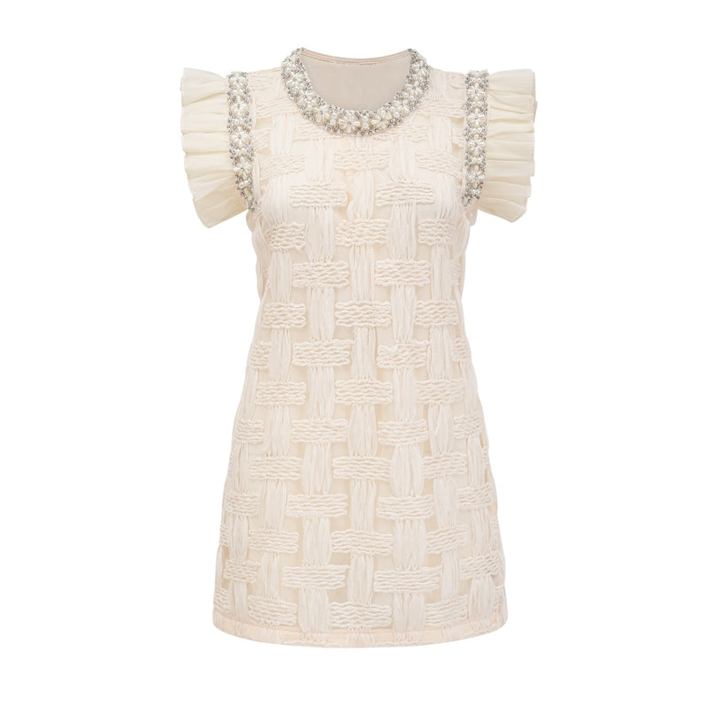 Dahlia White Interwoven Mini Dress with Crystal and Faux-Pearl Embellishments