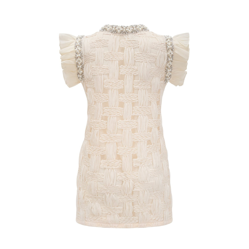 Dahlia White Interwoven Mini Dress with Crystal and Faux-Pearl Embellishments
