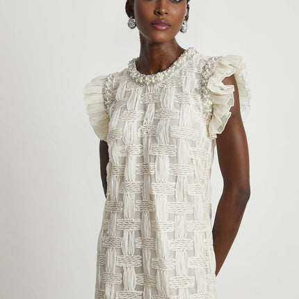 Dahlia White Interwoven Mini Dress Terylene Cotton Crystal Faux-Pearl Embellishments Pleat Detailing Rear Zip Fastening Round Neck Mini Length