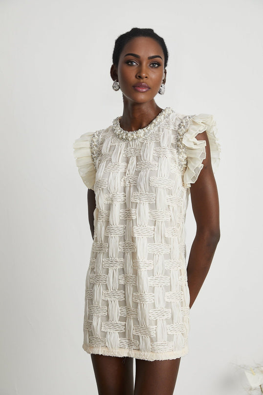 Dahlia White Interwoven Mini Dress Terylene Cotton Crystal Faux-Pearl Embellishments Pleat Detailing Rear Zip Fastening Round Neck Mini Length