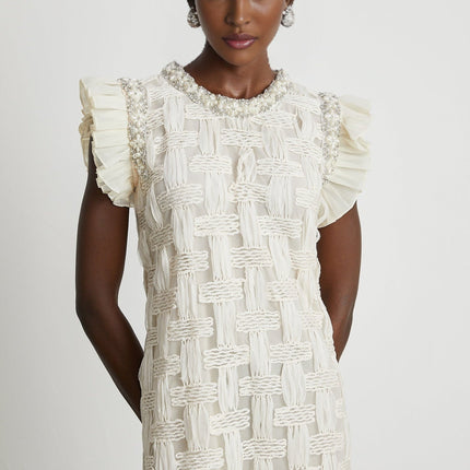 Dahlia White Interwoven Mini Dress Terylene Cotton Crystal Faux-Pearl Embellishments Pleat Detailing Rear Zip Fastening Round Neck Mini Length