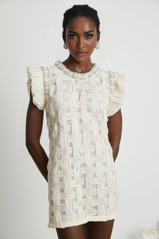 Dahlia White Interwoven Mini Dress Terylene Cotton Crystal Faux-Pearl Embellishments Pleat Detailing Rear Zip Fastening Round Neck Mini Length
