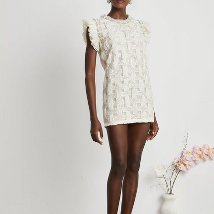 Dahlia White Interwoven Mini Dress Terylene Cotton Crystal Faux-Pearl Embellishments Pleat Detailing Rear Zip Fastening Round Neck Mini Length