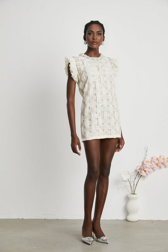 Dahlia White Interwoven Mini Dress Terylene Cotton Crystal Faux-Pearl Embellishments Pleat Detailing Rear Zip Fastening Round Neck Mini Length