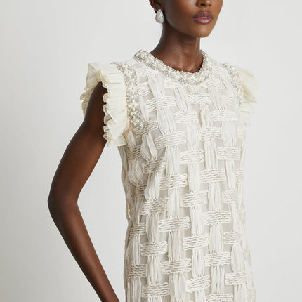 Dahlia White Interwoven Mini Dress Terylene Cotton Crystal Faux-Pearl Embellishments Pleat Detailing Rear Zip Fastening Round Neck Mini Length