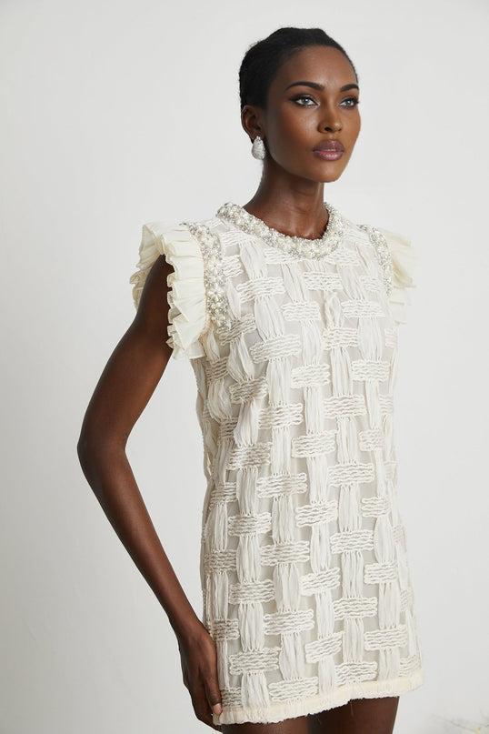 Dahlia White Interwoven Mini Dress Terylene Cotton Crystal Faux-Pearl Embellishments Pleat Detailing Rear Zip Fastening Round Neck Mini Length