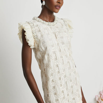 Dahlia White Mini Dress Interwoven Terylene Cotton Crystal Faux-Pearl Embellishments Pleat Detailing Rear Zip Fastening Round Neck Mini Length Elegant Stylish Fashion Statement