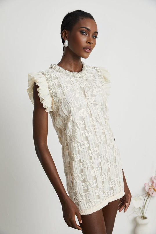 Dahlia White Mini Dress Interwoven Terylene Cotton Crystal Faux-Pearl Embellishments Pleat Detailing Rear Zip Fastening Round Neck Mini Length Elegant Stylish Fashion Statement