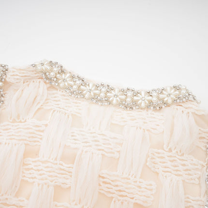 Dahlia White Mini Dress Interwoven Terylene Cotton Crystal Faux-Pearl Pleat Detailing Rear Zip Round Neck Mini Length