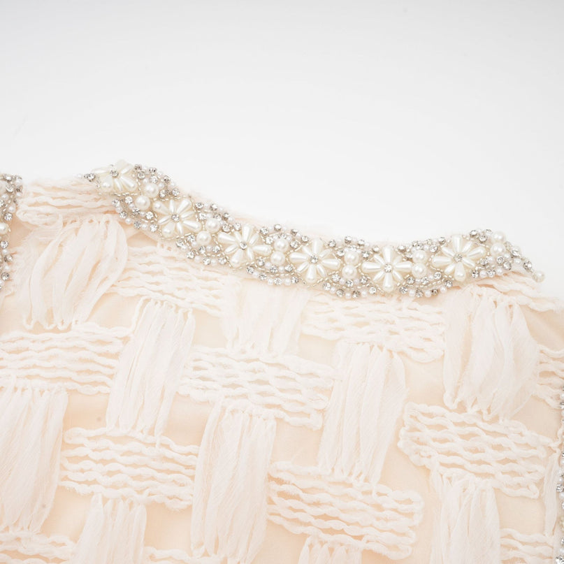 Dahlia White Mini Dress Interwoven Terylene Cotton Crystal Faux-Pearl Pleat Detailing Rear Zip Round Neck Mini Length
