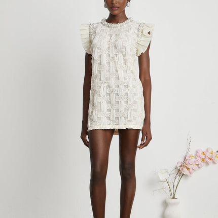 Dahlia White Mini Dress Interwoven Terylene Cotton Crystal Faux-Pearl Embellishments Pleat Detailing Rear Zip Fastening Round Neck Mini Length Elegant Chic Sophisticated Fashion Statement