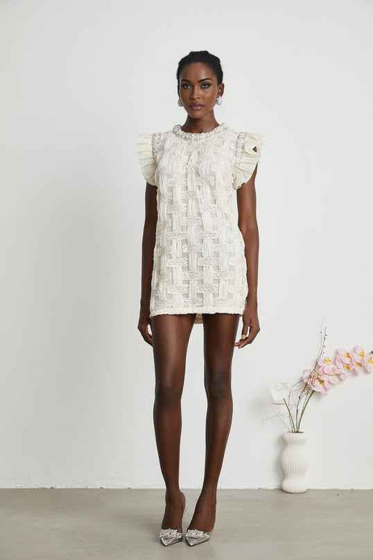 Dahlia White Mini Dress Interwoven Terylene Cotton Crystal Faux-Pearl Embellishments Pleat Detailing Rear Zip Fastening Round Neck Mini Length Elegant Chic Sophisticated Fashion Statement