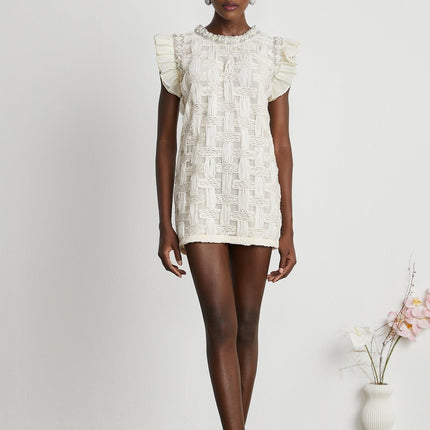 Dahlia White Mini Dress Interwoven Terylene Cotton Crystal Faux-Pearl Embellishments Pleat Detailing Rear Zip Fastening Round Neck Mini Length