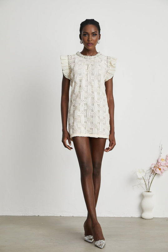 Dahlia White Mini Dress Interwoven Terylene Cotton Crystal Faux-Pearl Embellishments Pleat Detailing Rear Zip Fastening Round Neck Mini Length