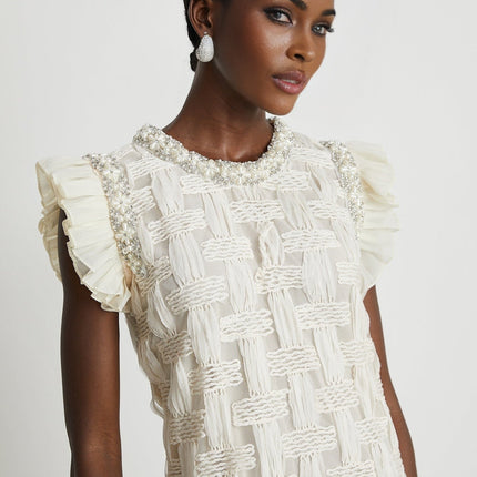 Dahlia White Mini Dress Interwoven Terylene Cotton Crystal Faux-Pearl Embellishments Pleat Detailing Rear Zip Fastening Round Neck Mini Length