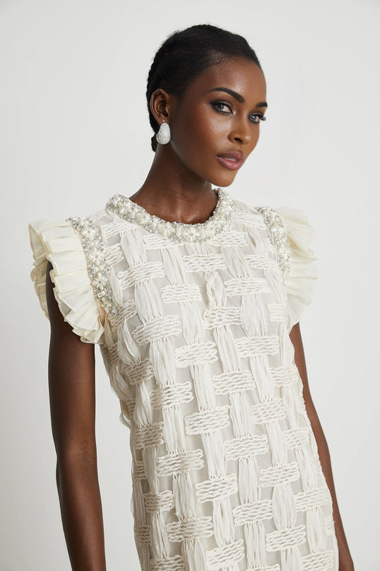 Dahlia White Mini Dress Interwoven Terylene Cotton Crystal Faux-Pearl Embellishments Pleat Detailing Rear Zip Fastening Round Neck Mini Length