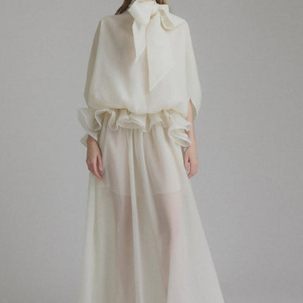 Dakota Cream White Maxi Dress Terylene Fiber Ruffled Pleat Design