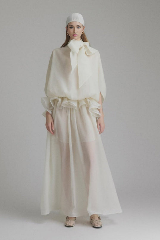 Dakota Cream White Maxi Dress Terylene Fiber Ruffled Pleat Design