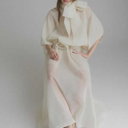 Dakota Cream White Maxi Dress Tied Neck Batwing Sleeves Ruffled Pleat Design Partial Lining Pleated Detailing Luxurious Terylene Fiber Semi-Sheer Maxi Length Sophisticated Elegant Versatile Whimsical Charm Garden Party Soiree
