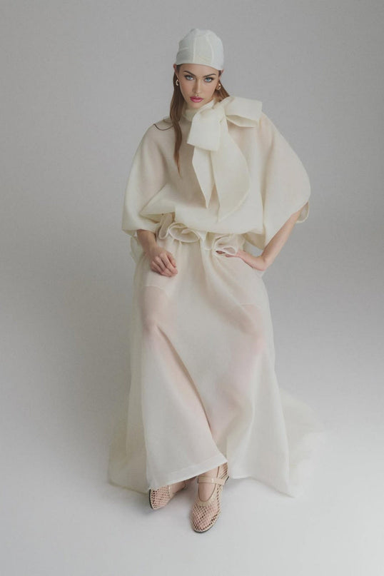Dakota Cream White Maxi Dress Tied Neck Batwing Sleeves Ruffled Pleat Design Partial Lining Pleated Detailing Luxurious Terylene Fiber Semi-Sheer Maxi Length Sophisticated Elegant Versatile Whimsical Charm Garden Party Soiree