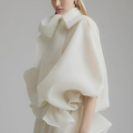 Dakota Cream White Maxi Dress Terylene Fiber Batwing Sleeves Ruffled Pleat Design