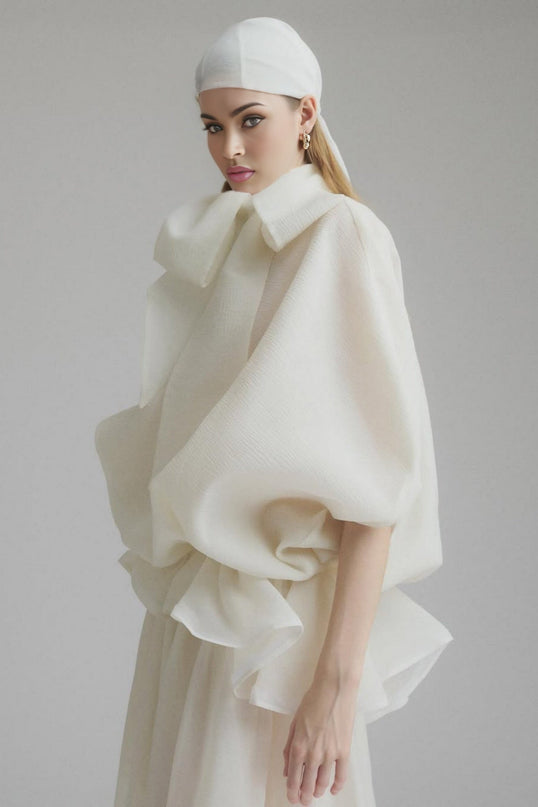 Dakota Cream White Maxi Dress Terylene Fiber Batwing Sleeves Ruffled Pleat Design