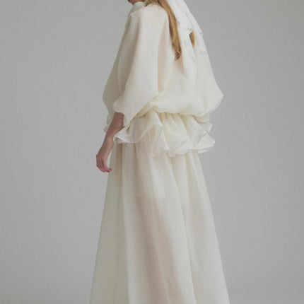 Dakota Cream White Maxi Dress Tied Neck Batwing Sleeves Ruffled Pleat Design Partial Lining Pleated Detailing Luxurious Terylene Fiber Semi-Sheer Construction Maxi Length Sophisticated Elegant Versatile Feminine Grace