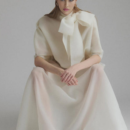 Dakota Cream White Maxi Dress Tied Neck Batwing Sleeves Ruffled Pleat Design Partial Lining Pleated Detailing Luxurious Terylene Fiber Semi-Sheer Maxi Length Sophisticated Elegant Whimsical Charm Garden Party Soirée