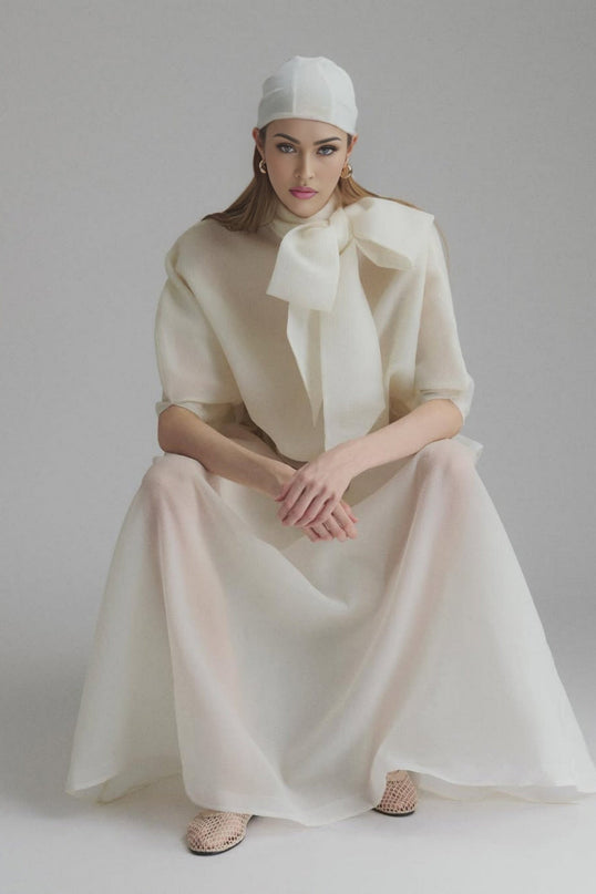 Dakota Cream White Maxi Dress Tied Neck Batwing Sleeves Ruffled Pleat Design Partial Lining Pleated Detailing Luxurious Terylene Fiber Semi-Sheer Maxi Length Sophisticated Elegant Whimsical Charm Garden Party Soirée