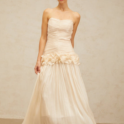 Dakota Maxi Dress in Neutrals Glitter Effect Corset Strapless Pleated Ruffles Half Lining Rear Zip Fastening Terylene Fiber