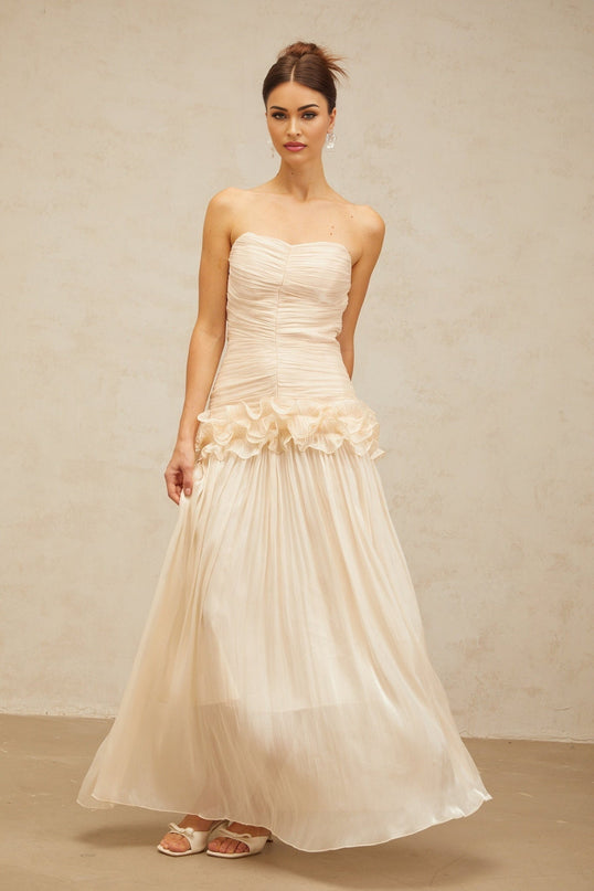 Dakota Maxi Dress in Neutrals Glitter Effect Corset Strapless Pleated Ruffles Half Lining Rear Zip Fastening Terylene Fiber