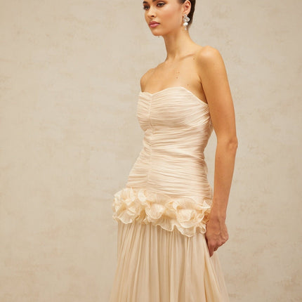 Dakota Maxi Dress Neutrals Glitter Effect Corset Strapless Pleated Ruffled Half Lining Rear Zip Fastening