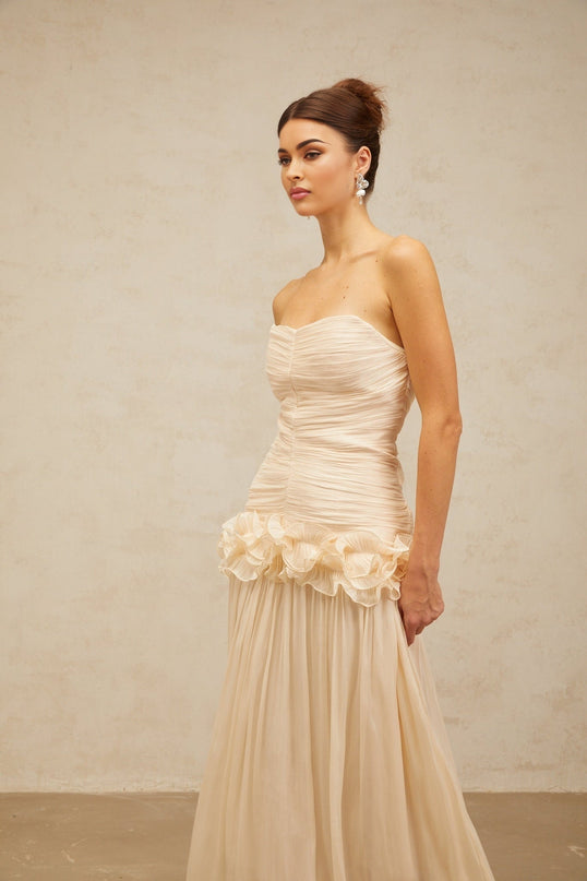 Dakota Maxi Dress Neutrals Glitter Effect Corset Strapless Pleated Ruffled Half Lining Rear Zip Fastening