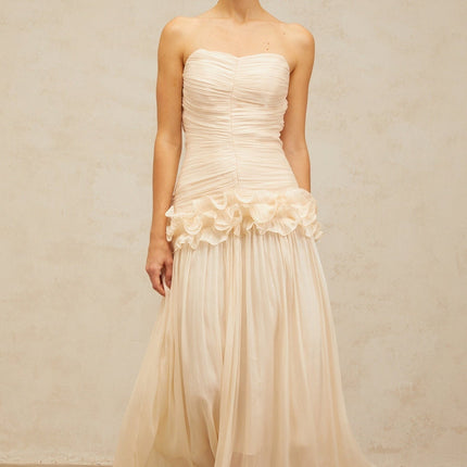 Dakota Neutrals Glitter Effect Maxi Dress Terylene Fiber Corset Strapless Pleated Ruffled Detailing Half Lining Rear Zip Fastening