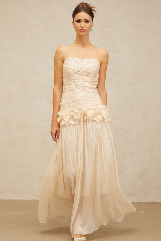 Dakota Neutrals Glitter Effect Maxi Dress Terylene Fiber Corset Strapless Pleated Ruffled Detailing Half Lining Rear Zip Fastening