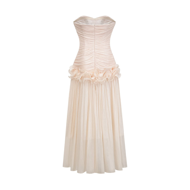 Dakota Maxi Dress Neutrals Glitter Pleated Ruffled Half Lining Rear Zip Fastening Terylene Fiber Corset Strapless