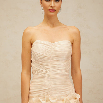 Dakota Maxi Dress Neutrals Glitter Pleated Ruffled Strapless Corset Elegant Sophisticated Terylene Fiber