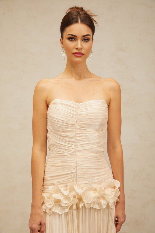 Dakota Maxi Dress Neutrals Glitter Pleated Ruffled Strapless Corset Elegant Sophisticated Terylene Fiber