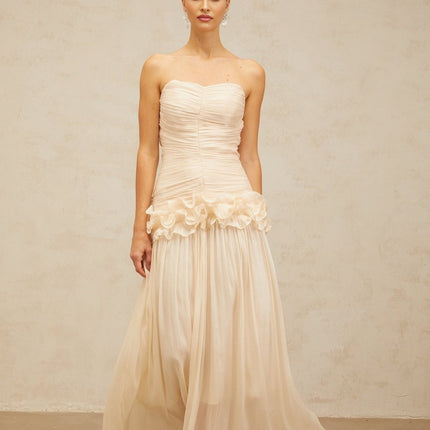 Dakota Maxi Dress in Neutrals Terylene Fiber Corset Strapless Glitter Pleated Ruffled Half Lining Rear Zip Fastening