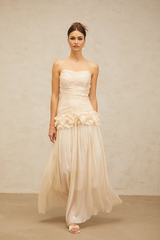 Dakota Maxi Dress in Neutrals Terylene Fiber Corset Strapless Glitter Pleated Ruffled Half Lining Rear Zip Fastening