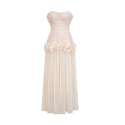 Dakota Maxi Dress in Neutrals Terylene Fiber Corset Strapless Glitter Pleated Ruffles Half Lining Rear Zip Fastening