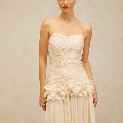 Dakota Maxi Dress Neutrals Glitter Pleated Ruffled Strapless Corset Half Lining Rear Zip Terylene Fiber