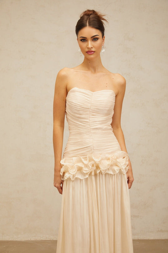 Dakota Maxi Dress Neutrals Glitter Pleated Ruffled Strapless Corset Half Lining Rear Zip Terylene Fiber