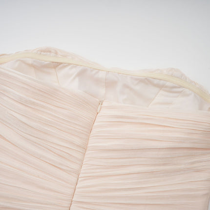 Dakota Maxi Dress in Neutrals Terylene Fiber Corset Neckline Strapless Glitter Effect Pleated Skirt Ruffled Detailing Half Lining Rear Zip Fastening