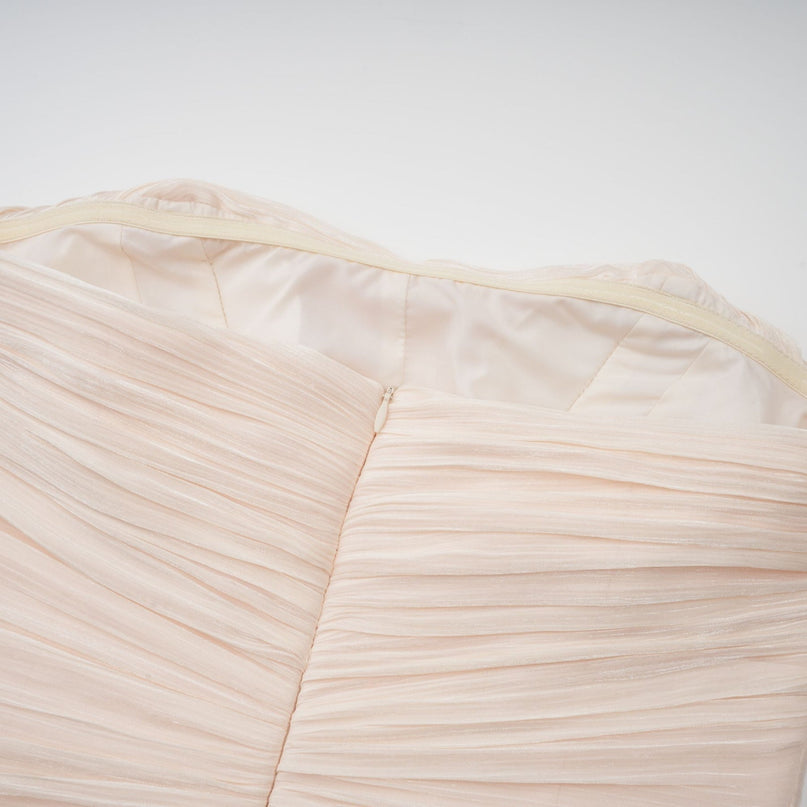 Dakota Maxi Dress in Neutrals Terylene Fiber Corset Neckline Strapless Glitter Effect Pleated Skirt Ruffled Detailing Half Lining Rear Zip Fastening